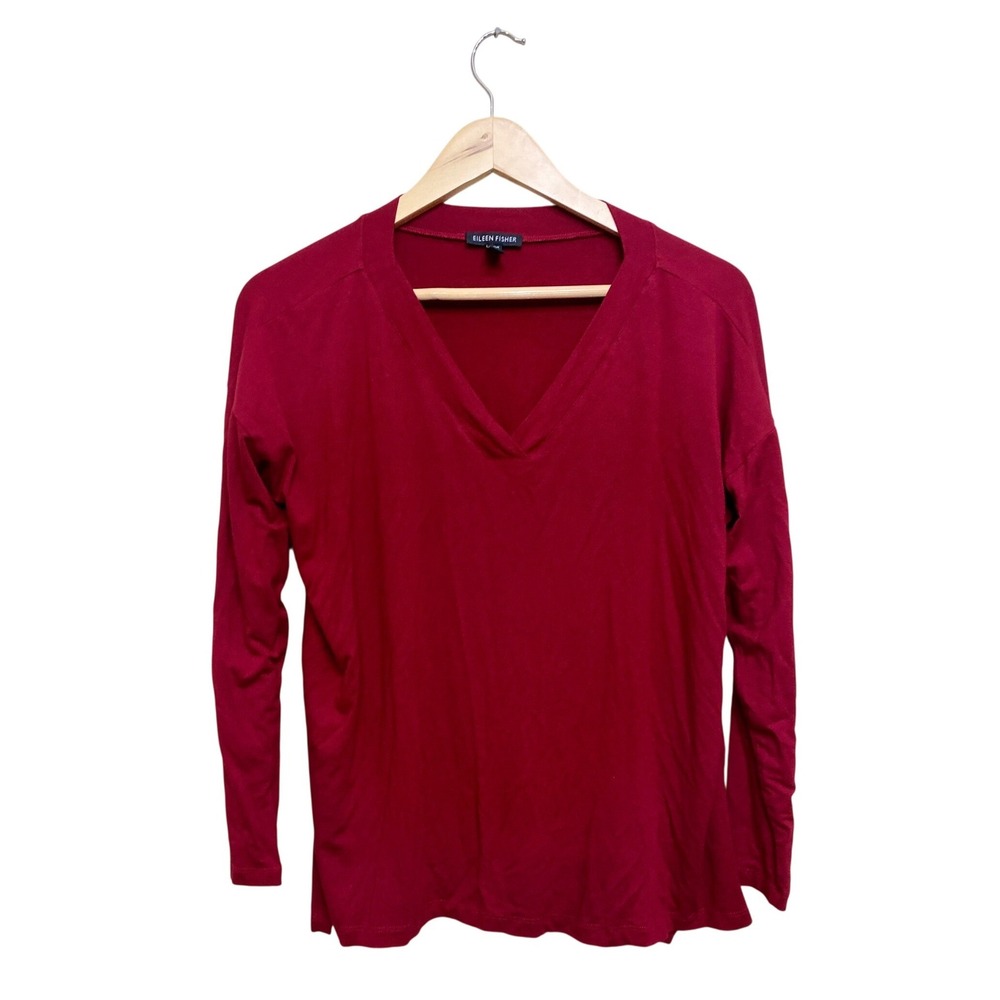 Eileen Fisher Womens Berry Red V-Neck Long Sleeve Jersey Knit Top S/P